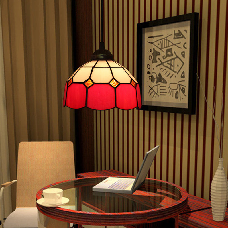 Tiffany Style Stained Art Glass Pendant Light - Domed Drop Design With 1-Light For Hanging Ceiling