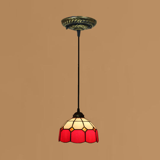 Tiffany Style Stained Art Glass Pendant Light - Domed Drop Design With 1-Light For Hanging Ceiling