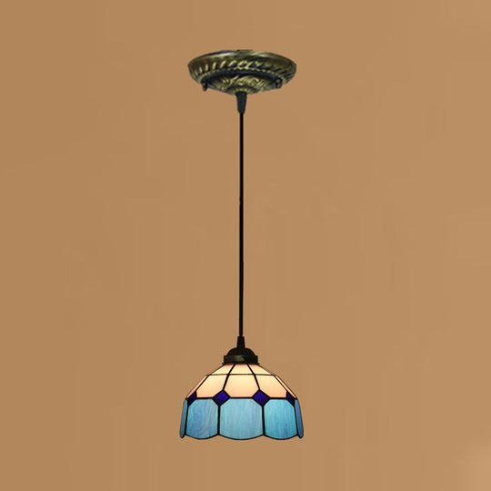 Tiffany Style Stained Art Glass Pendant Light - Domed Drop Design With 1-Light For Hanging Ceiling