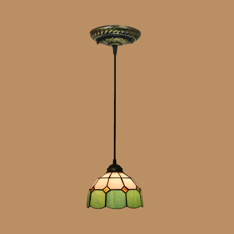 Tiffany Style Stained Art Glass Pendant Light - Domed Drop Design With 1-Light For Hanging Ceiling