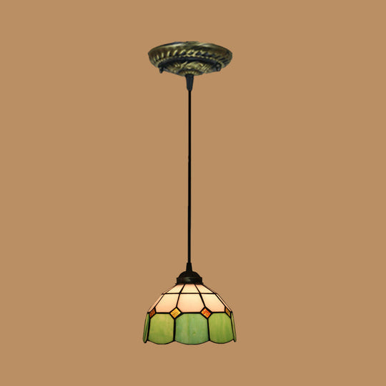 Tiffany Style Stained Art Glass Pendant Light - Domed Drop Design With 1-Light For Hanging Ceiling