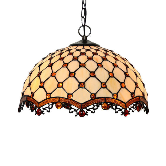 Scalloped Pendant Ceiling Light - Tiffany Stained Glass White Jewelry Lamp For Dining Room