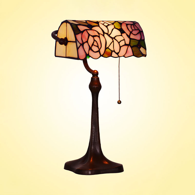 Mediterranean Stained Glass Rose Pattern Piano Lamp With Pink Pull Chain - Elegant 1-Head Desk