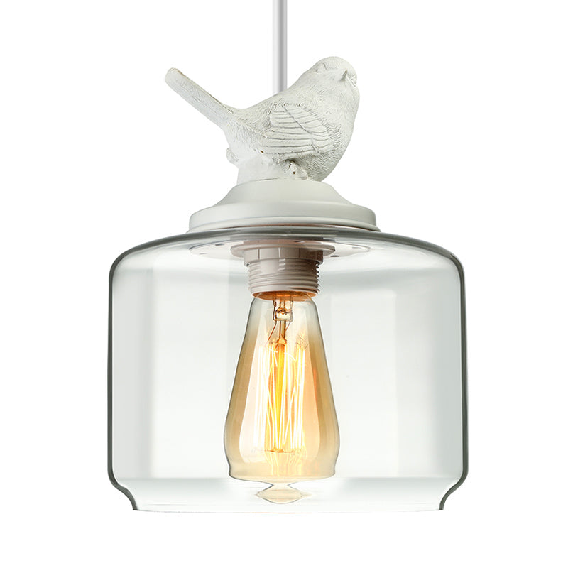 Modernist Pendant Lighting: Cylindrical/Barrel Shaped Hanging Lamp With Clear Glass Bird Design (1/5