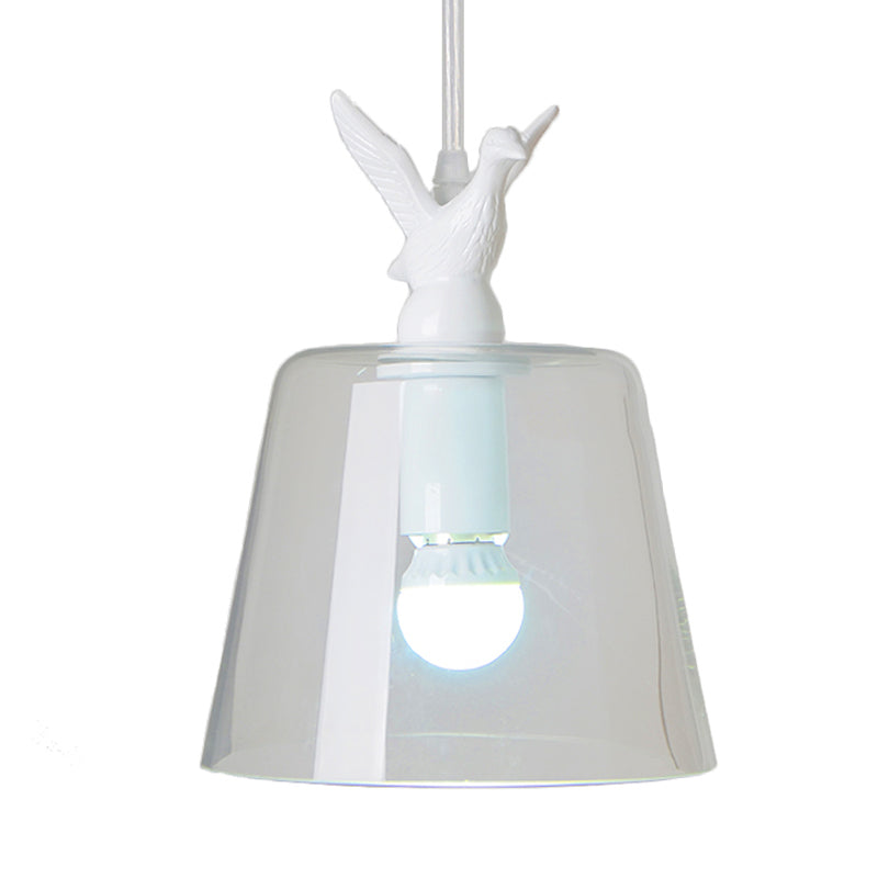 Modernist Pendant Lighting: Cylindrical/Barrel Shaped Hanging Lamp With Clear Glass Bird Design (1/5