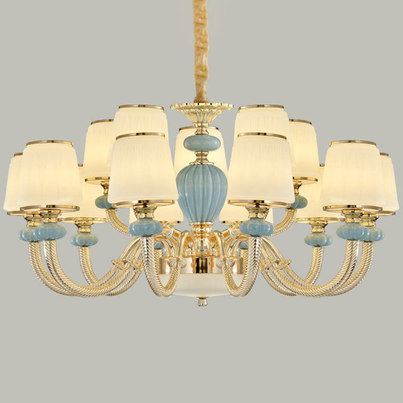 Blue Frosted Glass Barrel Chandelier - Simple Ceramic Suspension Pendant For Living Room