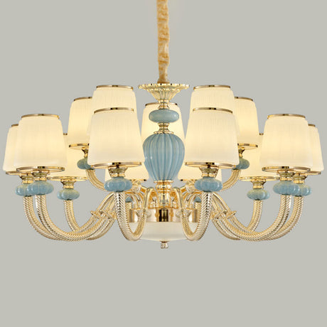 Blue Frosted Glass Barrel Chandelier For Living Room With Simple Ceramic Suspension Pendant