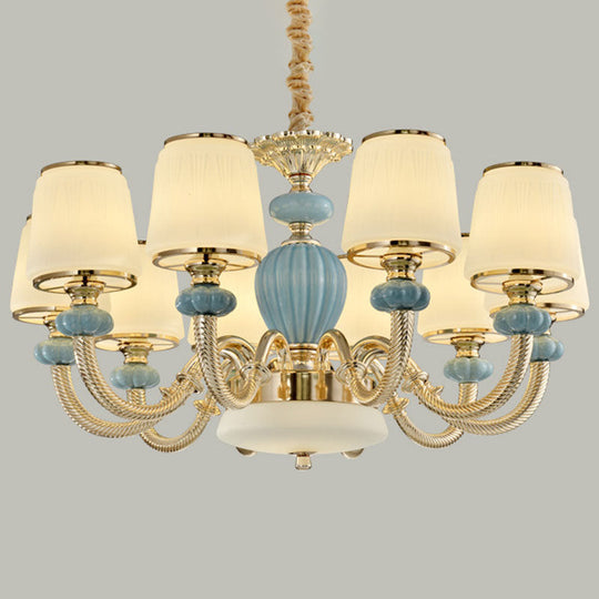 Blue Frosted Glass Barrel Chandelier - Simple Ceramic Suspension Pendant For Living Room
