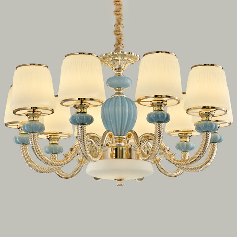 Blue Frosted Glass Barrel Chandelier For Living Room With Simple Ceramic Suspension Pendant