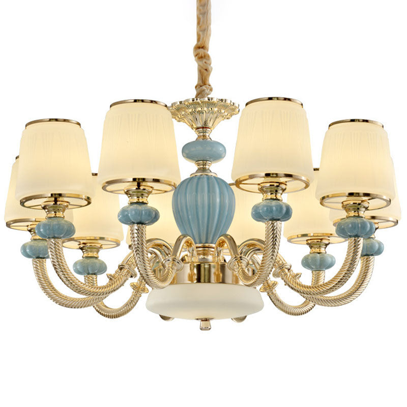 Blue Frosted Glass Barrel Chandelier For Living Room With Simple Ceramic Suspension Pendant