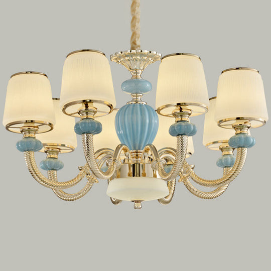 Blue Frosted Glass Barrel Chandelier - Simple Ceramic Suspension Pendant For Living Room