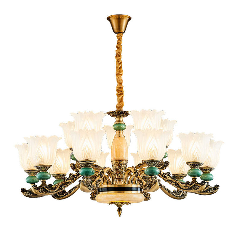 Contemporary Green Chandelier With Frosted Glass Floral Drop Lamp