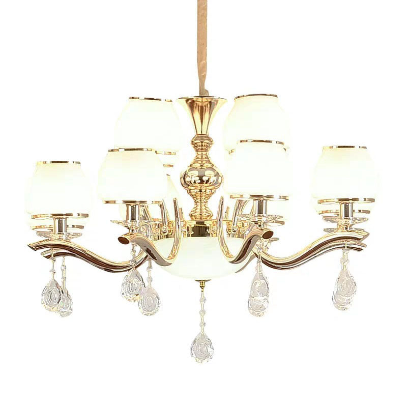 Modernist White Glass Pendant Chandelier With Crystal Droplets - Gold Urn Shade Design