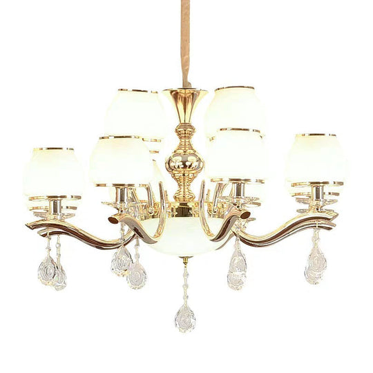 Modernist White Glass Pendant Chandelier With Crystal Droplets - Gold Urn Shade Design