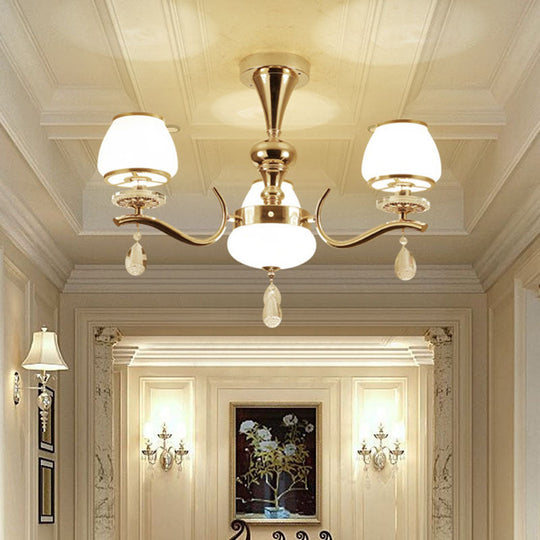 Modern White Glass Chandelier With Crystal Droplet And Gold Urn Shade Pendant Light 3 /