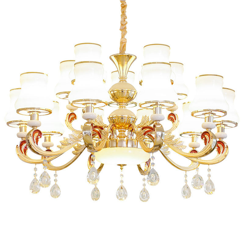 Minimalist Gold Chandelier Pendant With Curved Down Lighting And Frosted Glass Shade