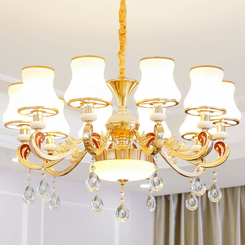 Gold Curved Downlight Pendant Chandelier With White Frosted Glass Shade