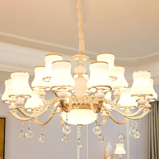 Gold Curved Downlight Pendant Chandelier With White Frosted Glass Shade