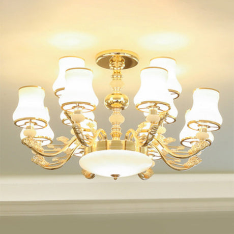 Minimalist Gold Chandelier Pendant With Curved Down Lighting And Frosted Glass Shade 12 / White D