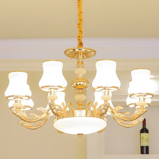 Gold Curved Downlight Pendant Chandelier With White Frosted Glass Shade 8 / D