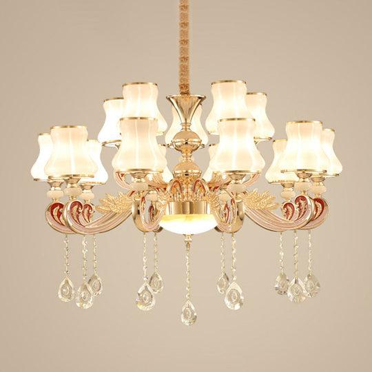 Nordic Metal Hanging Pendant Light With Scrolled Arm And Flared Glass Shade In Gold - Ideal For