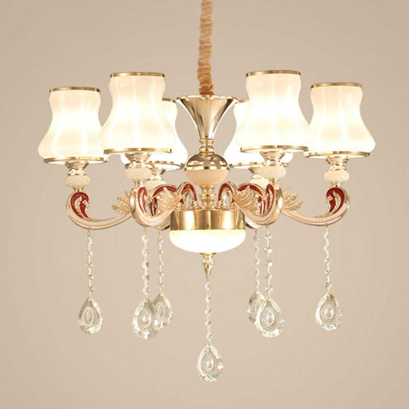 Nordic Metal Hanging Pendant Light With Scrolled Arm And Flared Glass Shade In Gold - Ideal For