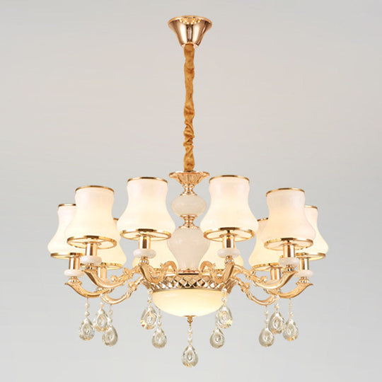 Frosted Glass Curve Chandelier With Crystal Accent In Gold - Minimal Ceiling Lighting