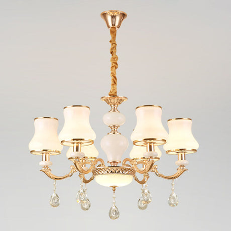 Minimal Hanging Chandelier With Frosted Glass Curve Crystal Accent In Gold