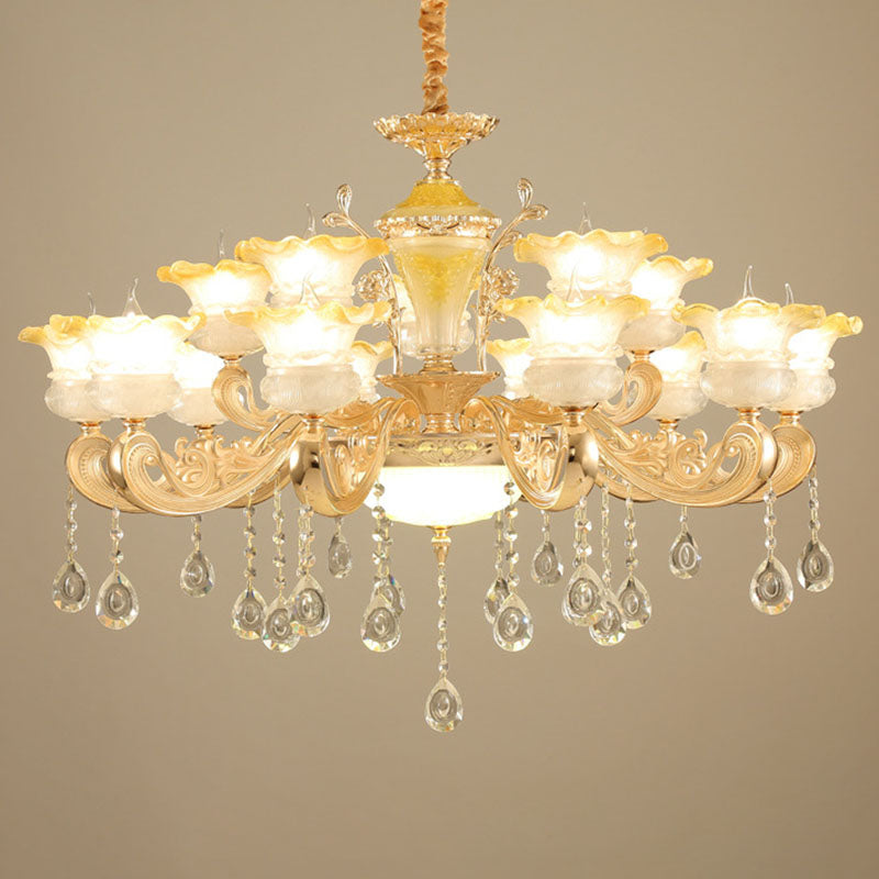 Minimalistic Gold Pendant Chandelier - Petal Frosted Glass Crystal Droplet Hanging Light Kit