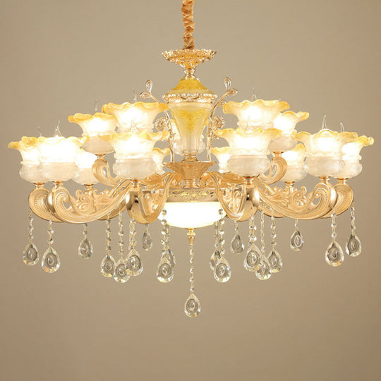 Minimalistic Gold Pendant Chandelier - Petal Frosted Glass Crystal Droplet Hanging Light Kit