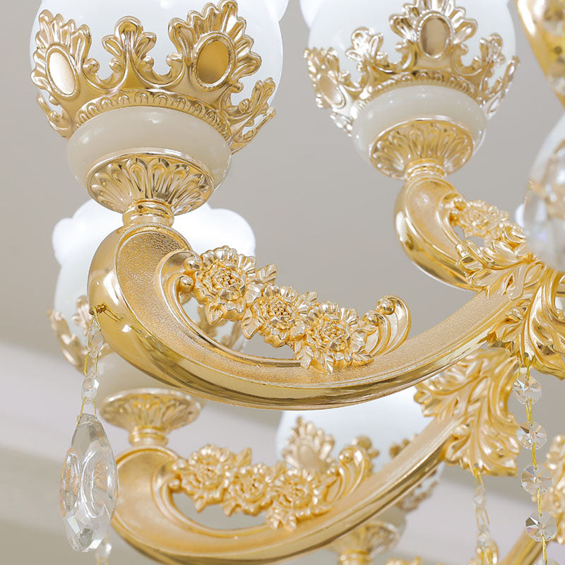 Modernist Opal Glass Hanging Pendant Light In Gold For Living Room - Bud Chandelier Lighting