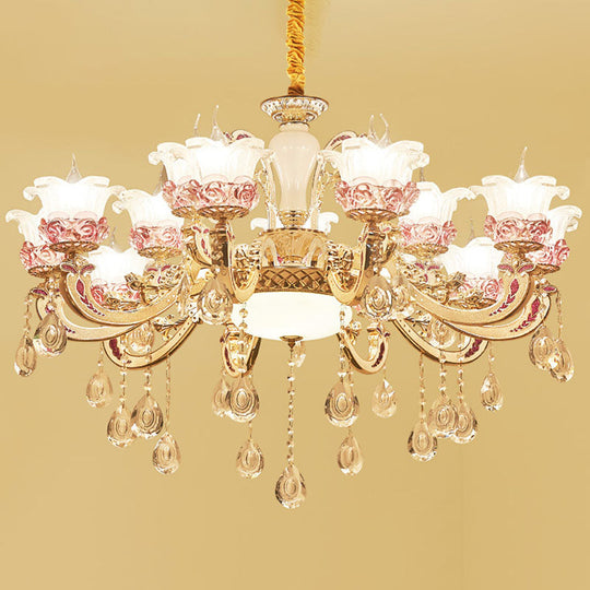 Modern Frosted Glass Flower Chandelier Pendant With Crystal Accents For Living Room Décor