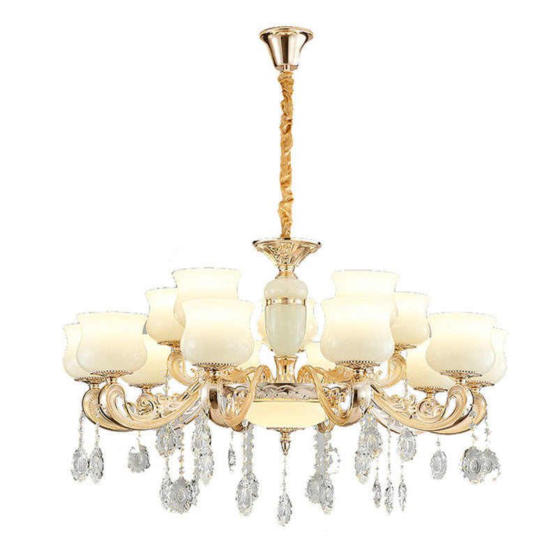 White Faux Jade Urn Pendant Chandelier With Crystal Accent - Modernist Hanging Ceiling Light