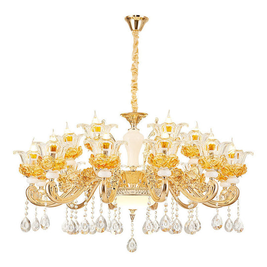 Gold Floral Glass Chandelier: Elegant Living Room Suspension Lamp