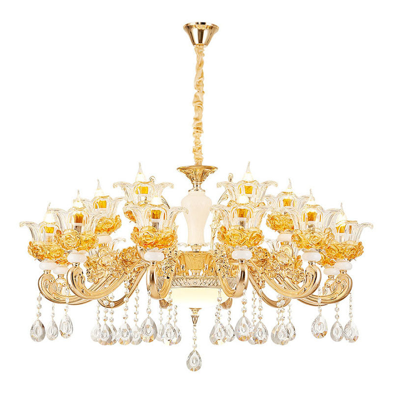 Floral Clear Glass Living Room Chandelier - Simple Gold Suspension Light Fixture