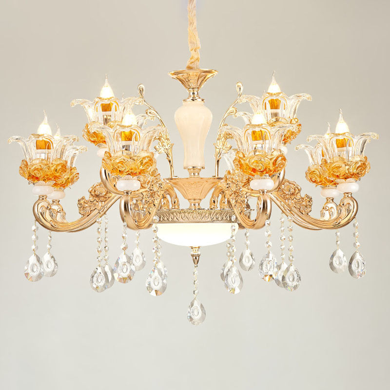 Floral Clear Glass Living Room Chandelier - Simple Gold Suspension Light Fixture