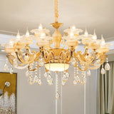 Minimalist Gold Chandelier Light Fixture With Crystal Draping And Jade Blossom Accents 18 / B