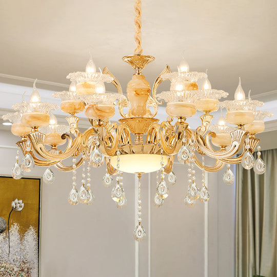 Minimalist Gold Chandelier With Blossom Jade Crystal Draping And Hanging Lamp Kit