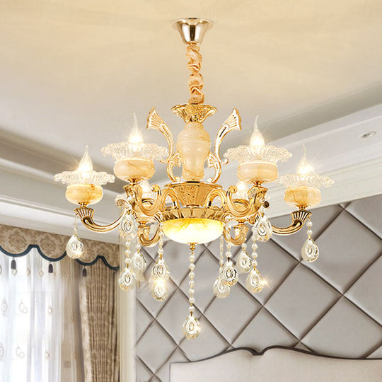 Minimalist Gold Chandelier With Blossom Jade Crystal Draping And Hanging Lamp Kit 6 / B