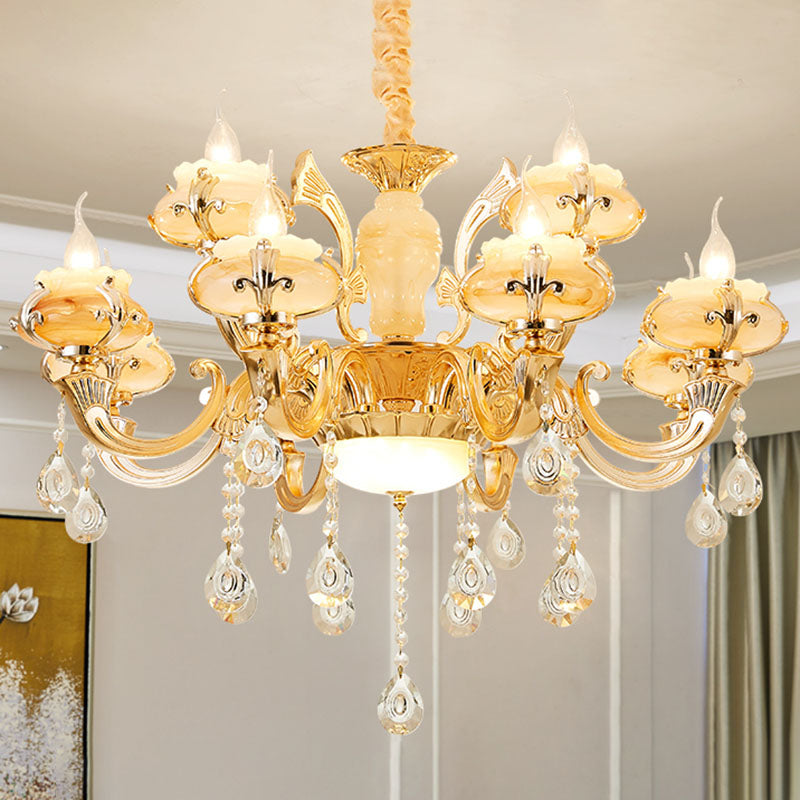 Minimalist Gold Chandelier With Blossom Jade Crystal Draping And Hanging Lamp Kit 12 / C