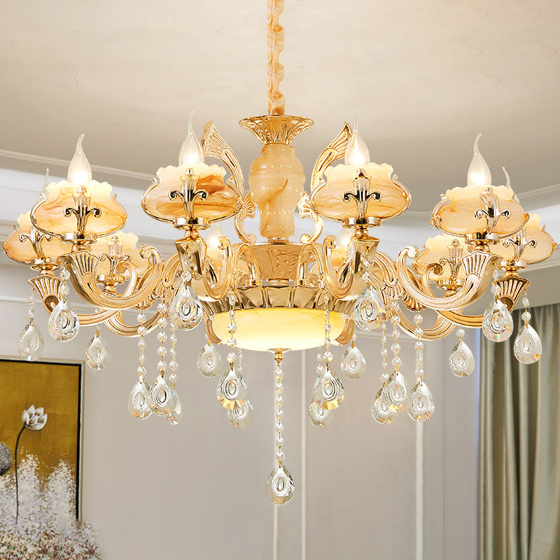 Minimalist Gold Chandelier With Blossom Jade Crystal Draping And Hanging Lamp Kit 10 / C