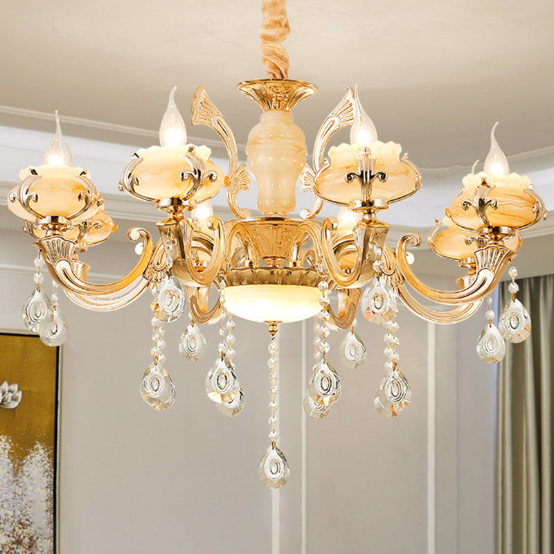 Minimalist Gold Chandelier With Blossom Jade Crystal Draping And Hanging Lamp Kit 8 / C