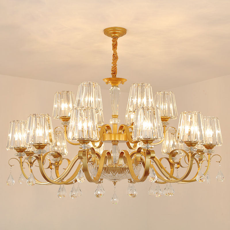 Simplicity Gold Tapered Crystal Hanging Light Kit - Elegant Ceiling Chandelier With Scrolled Arm 18