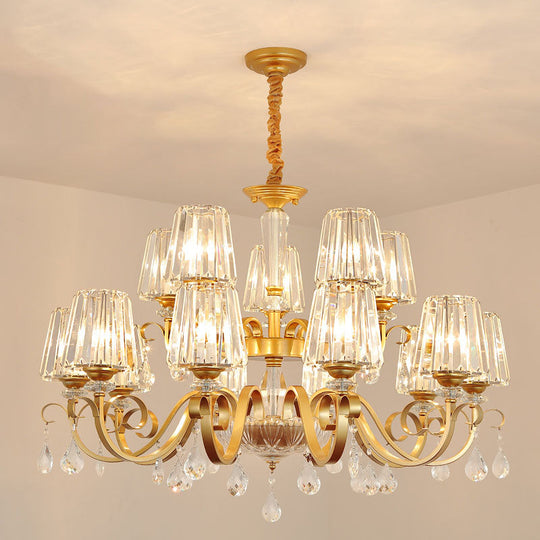 Simplicity Gold Tapered Crystal Hanging Light Kit - Elegant Ceiling Chandelier With Scrolled Arm