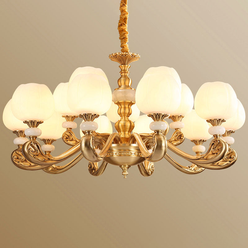 Modern Opal Glass Bud Pendant Chandelier With Brass Suspension And Curved Arm