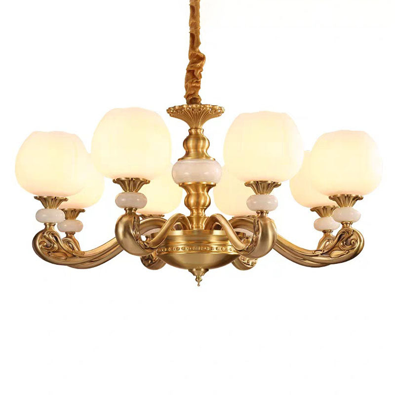Opal Glass Bud Pendant Chandelier With Brass Suspension - Modern Style And Curved Arm