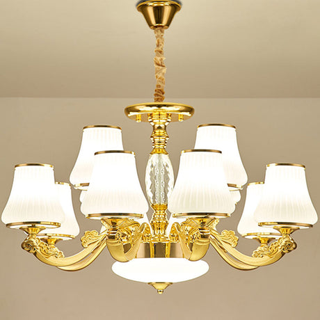 Contemporary Gold Chandelier Light Fixture - White Ribbed Glass Cone Ceiling Lamp 12 /