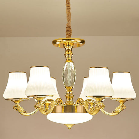 Contemporary Gold Chandelier Light Fixture - White Ribbed Glass Cone Ceiling Lamp 6 /