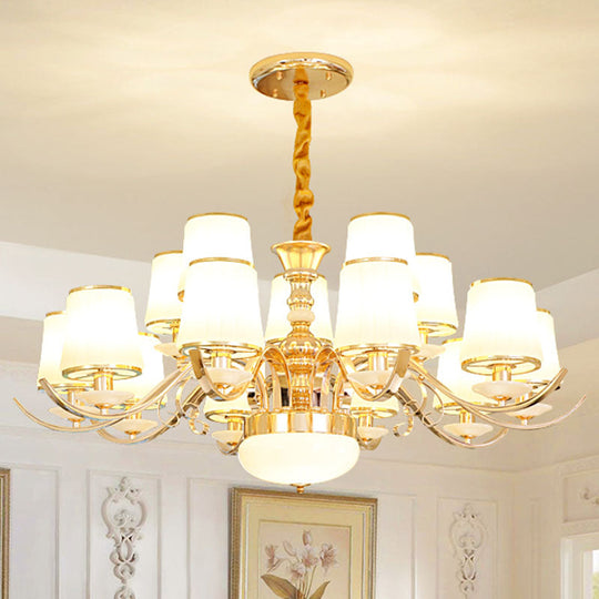 Modern White Glass And Gold Pendant Chandelier With Curved Arm - Barrel Shade Design 12 /