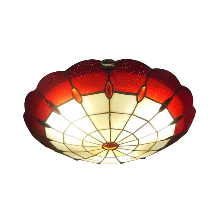 Tiffany Style Bedroom Ceiling Light 12’/16’/19.5’ W Dome Shade Flush Mount With Red Jewel Decoration